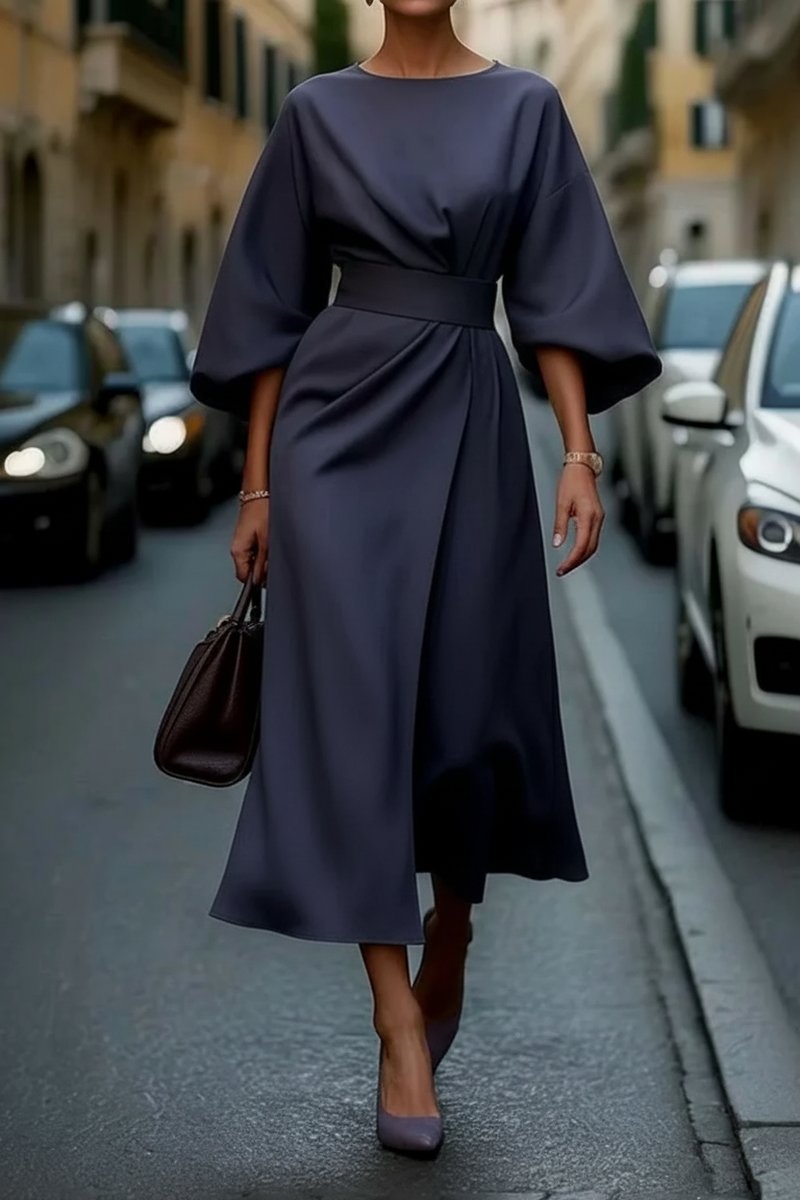 Elegantes Damen Cocktailkleid mit Laternenärmeln und Taillengürtel Midi-Länge 0