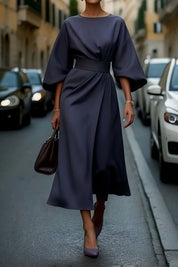 Elegantes Damen Cocktailkleid mit Laternenärmeln und Taillengürtel Midi-Länge 0