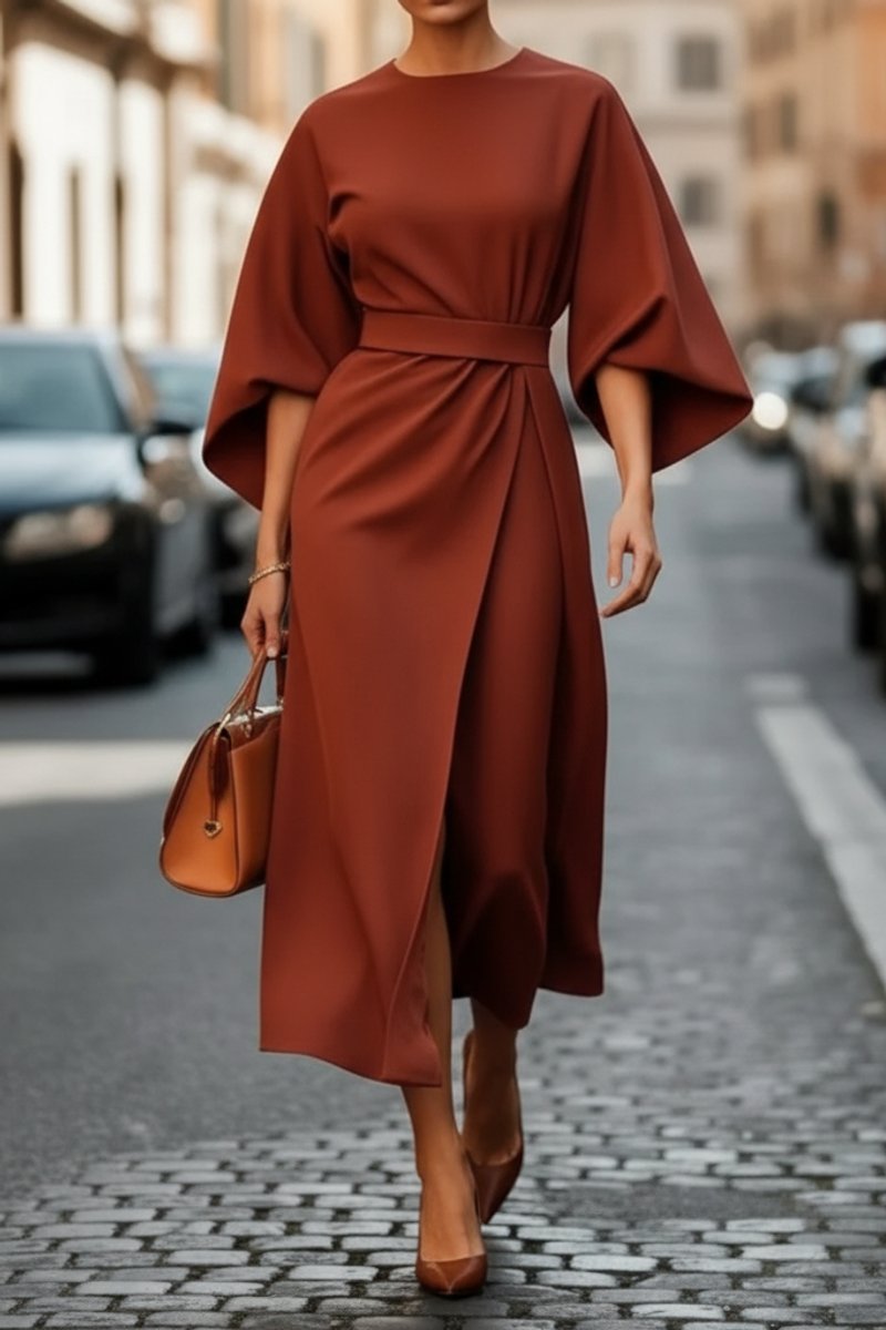 Elegantes Damen Cocktailkleid mit Laternenärmeln und Taillengürtel Midi-Länge 1
