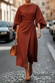 Elegantes Damen Cocktailkleid mit Laternenärmeln und Taillengürtel Midi-Länge 1