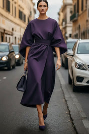 Elegantes Damen Cocktailkleid mit Laternenärmeln und Taillengürtel Midi-Länge 2