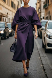 Elegantes Damen Cocktailkleid mit Laternenärmeln und Taillengürtel Midi-Länge 4