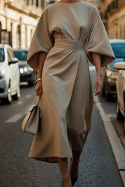 Elegantes Damen Cocktailkleid mit Laternenärmeln und Taillengürtel Midi-Länge 5