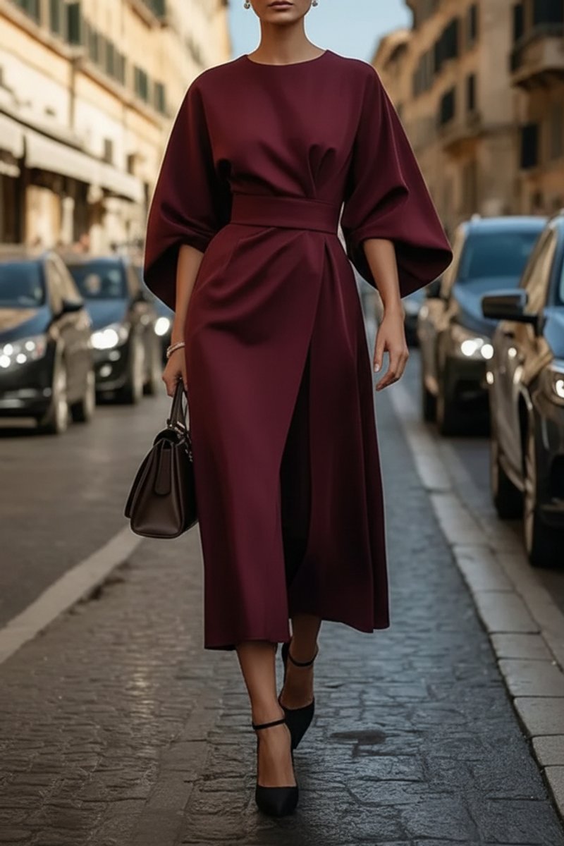 Elegantes Damen Cocktailkleid mit Laternenärmeln und Taillengürtel Midi-Länge 7