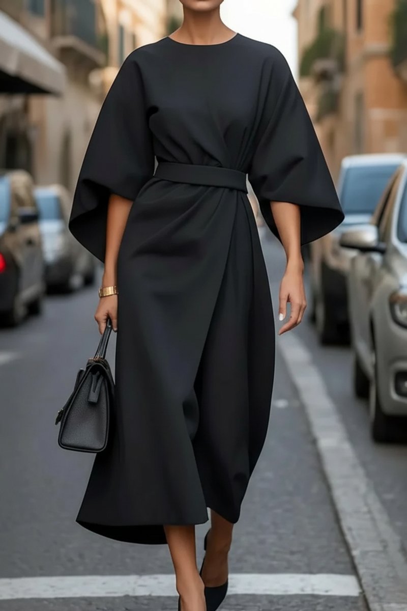 Elegantes Damen Cocktailkleid mit Laternenärmeln und Taillengürtel Midi-Länge 8