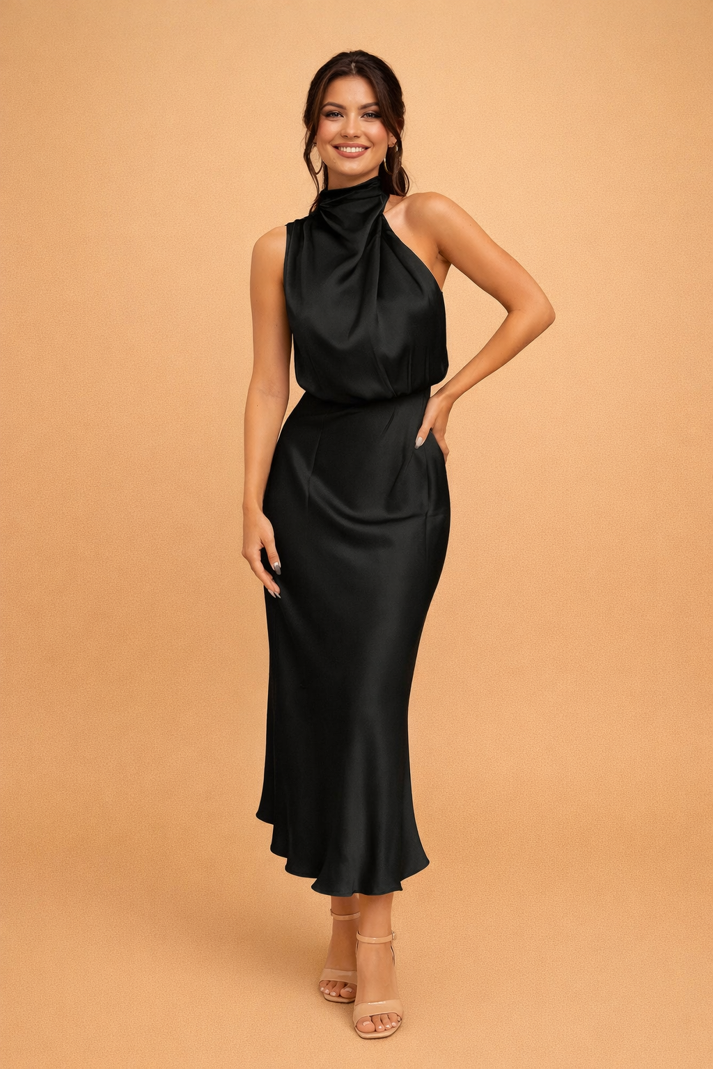 Elegantes Damen Midikleid One-Shoulder Asymmetrisch für Gala und Abend 0
