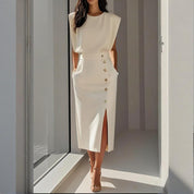 Elegantes Festliches Kleid Damen mit Taillierter Passform und Seitlichem Knopfdetail für Besondere Anlässe 0