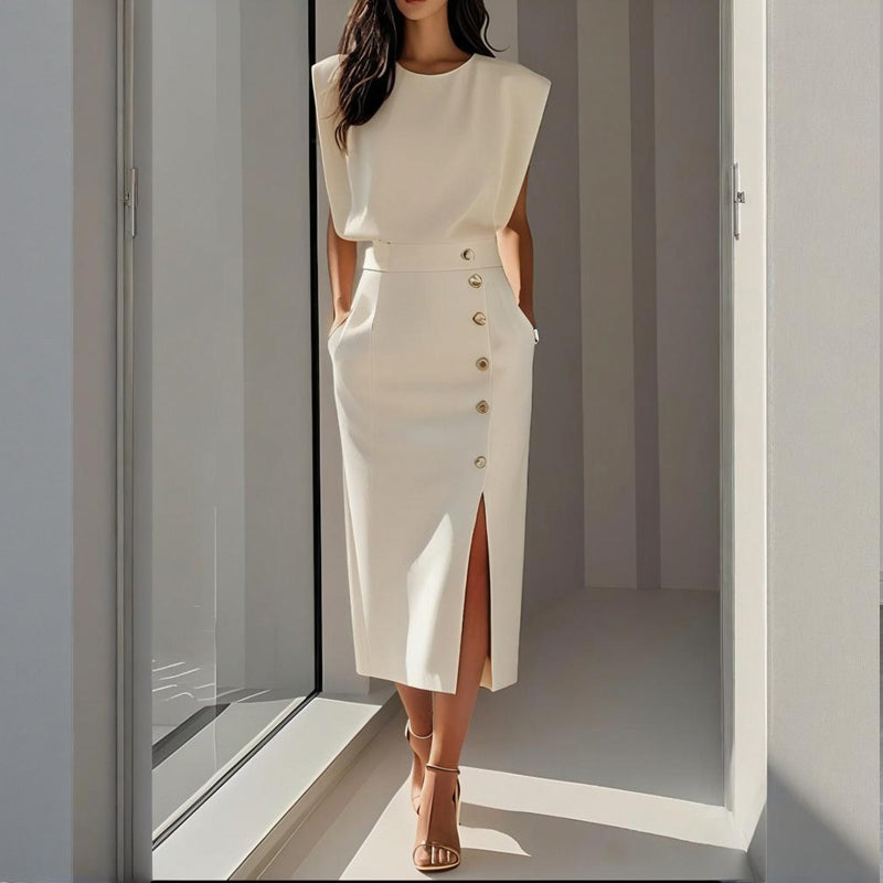 Elegantes Festliches Kleid Damen mit Taillierter Passform und Seitlichem Knopfdetail für Besondere Anlässe 0