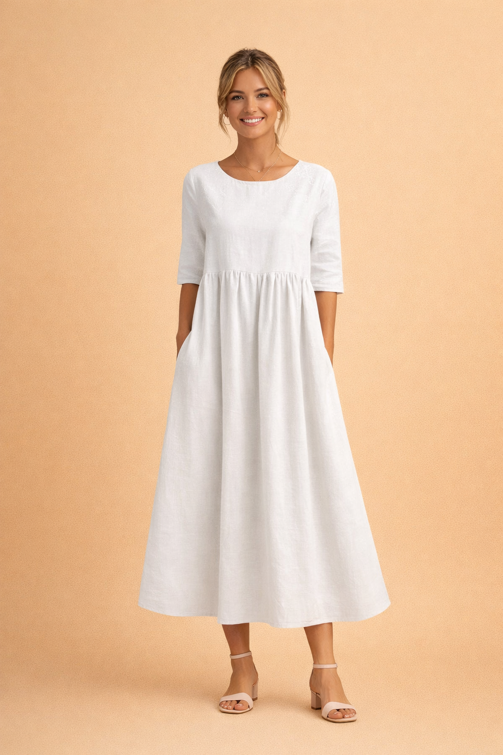 Elegantes Midi-Kleid Damen – Vielseitiges Sommerkleid für Freizeit und Gartenparty in Schwarz, Weiß oder Hellblau 0