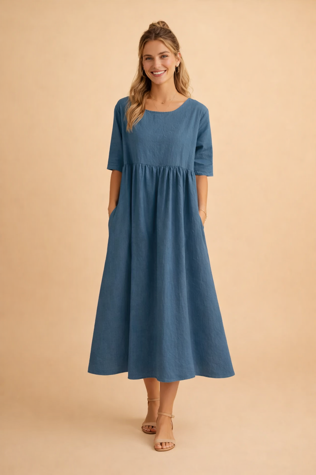 Elegantes Midi-Kleid Damen – Vielseitiges Sommerkleid für Freizeit und Gartenparty in Schwarz, Weiß oder Hellblau 2