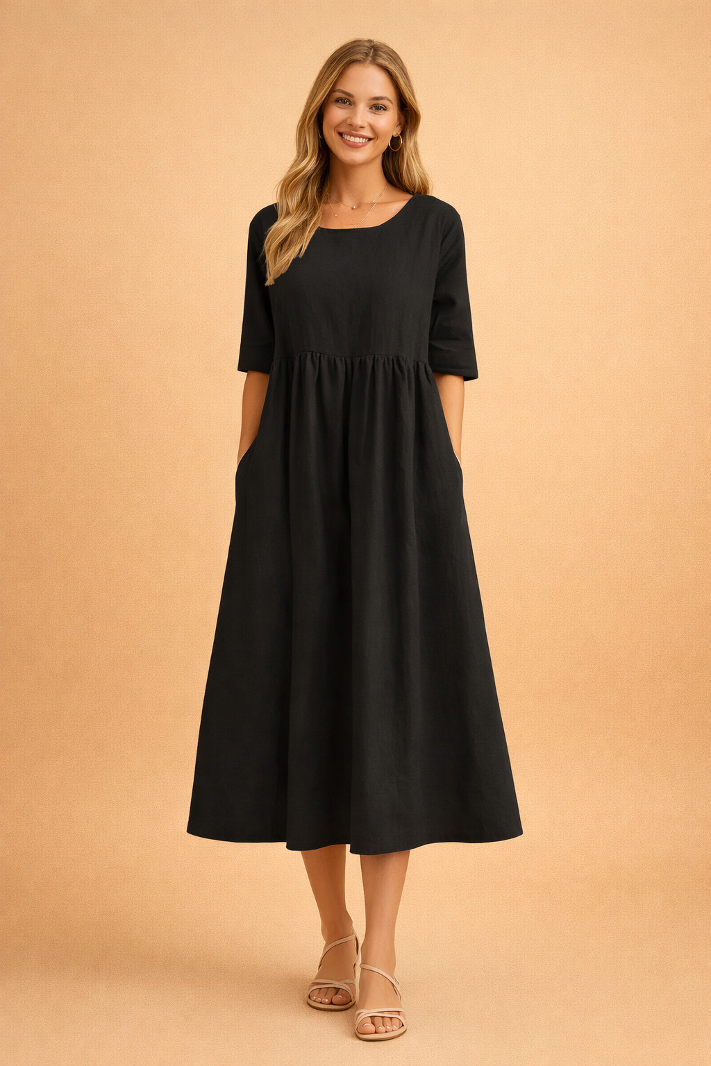 Elegantes Midi-Kleid Damen – Vielseitiges Sommerkleid für Freizeit und Gartenparty in Schwarz, Weiß oder Hellblau 5