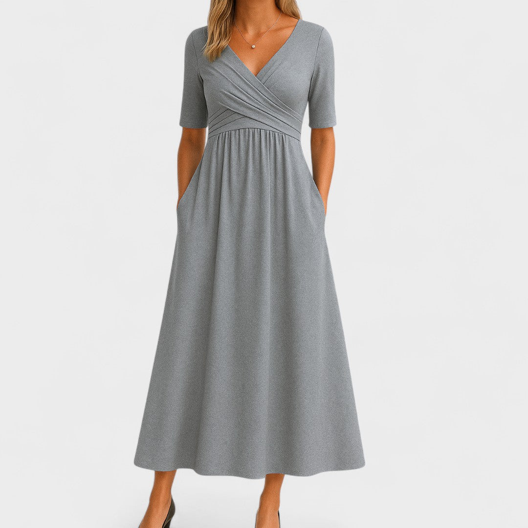 Elegantes Midikleid für Frauen - V-Ausschnitt, Ellbogenlange Ärmel, Praktische Taschen 0