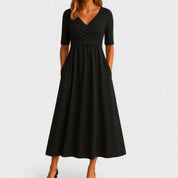 Elegantes Midikleid für Frauen - V-Ausschnitt, Ellbogenlange Ärmel, Praktische Taschen 1