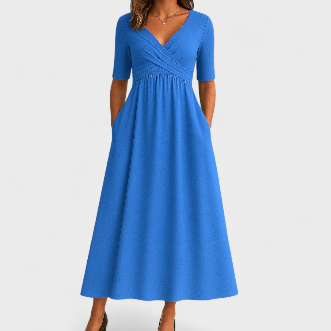 Elegantes Midikleid für Frauen - V-Ausschnitt, Ellbogenlange Ärmel, Praktische Taschen 3