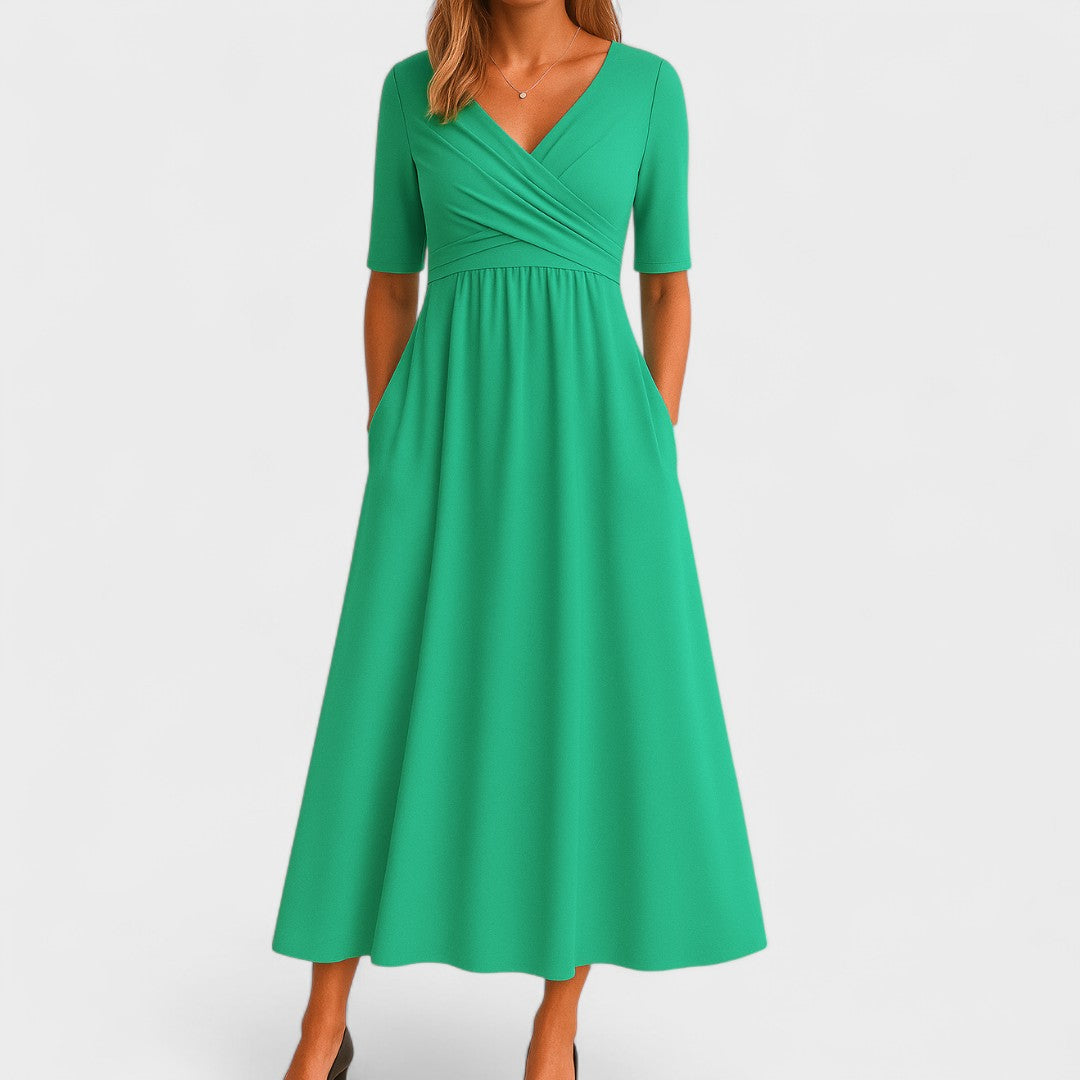 Elegantes Midikleid für Frauen - V-Ausschnitt, Ellbogenlange Ärmel, Praktische Taschen 4