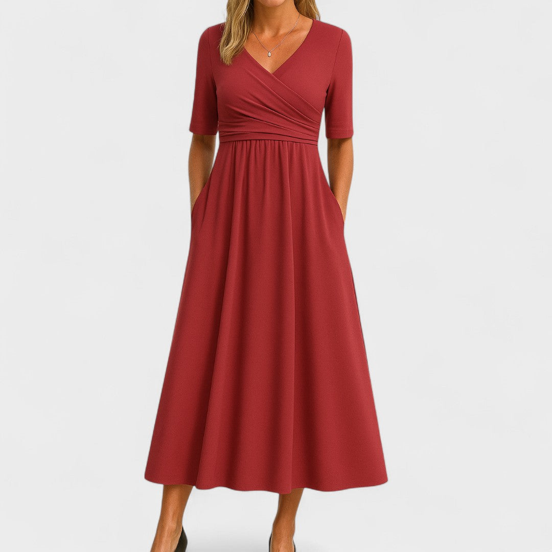 Elegantes Midikleid für Frauen - V-Ausschnitt, Ellbogenlange Ärmel, Praktische Taschen 5