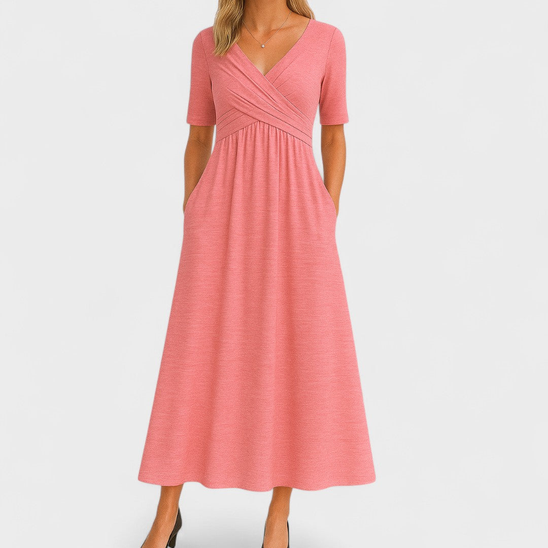 Elegantes Midikleid für Frauen - V-Ausschnitt, Ellbogenlange Ärmel, Praktische Taschen 6