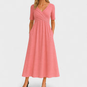Elegantes Midikleid für Frauen - V-Ausschnitt, Ellbogenlange Ärmel, Praktische Taschen 6