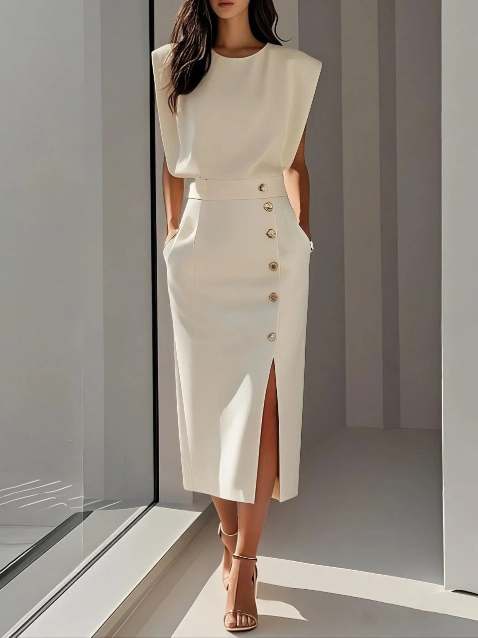 Elegantes Midikleid mit Rundhalsausschnitt und Schlitz für jeden Anlass 0