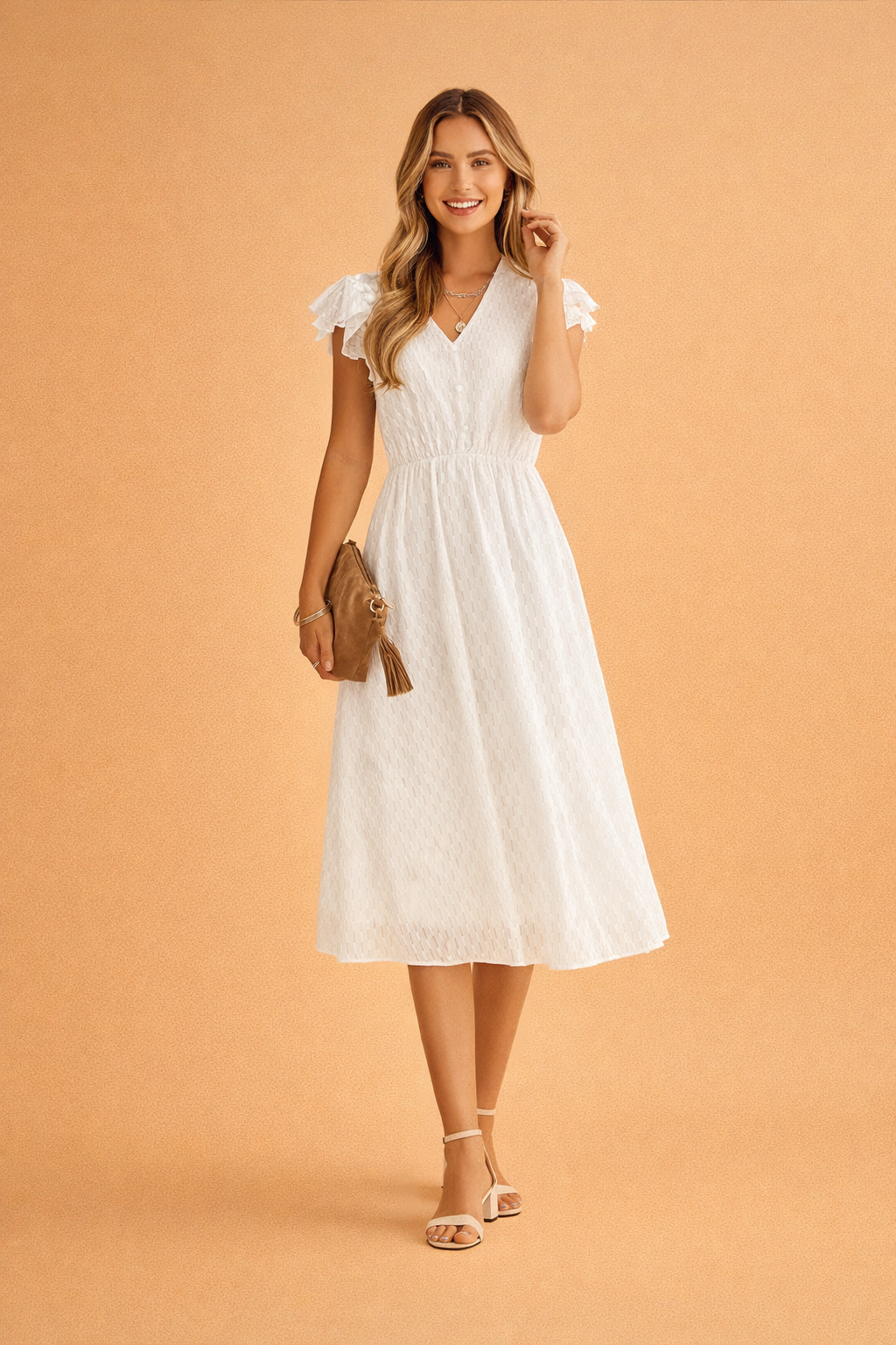 Elegantes Sommerkleid Damen Midi V-Ausschnitt Rüschen Ärmel Leicht und Luftig 0
