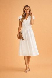 Elegantes Sommerkleid Damen Midi V-Ausschnitt Rüschen Ärmel Leicht und Luftig 0