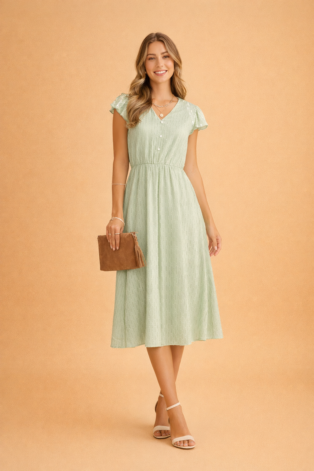 Elegantes Sommerkleid Damen Midi V-Ausschnitt Rüschen Ärmel Leicht und Luftig 1