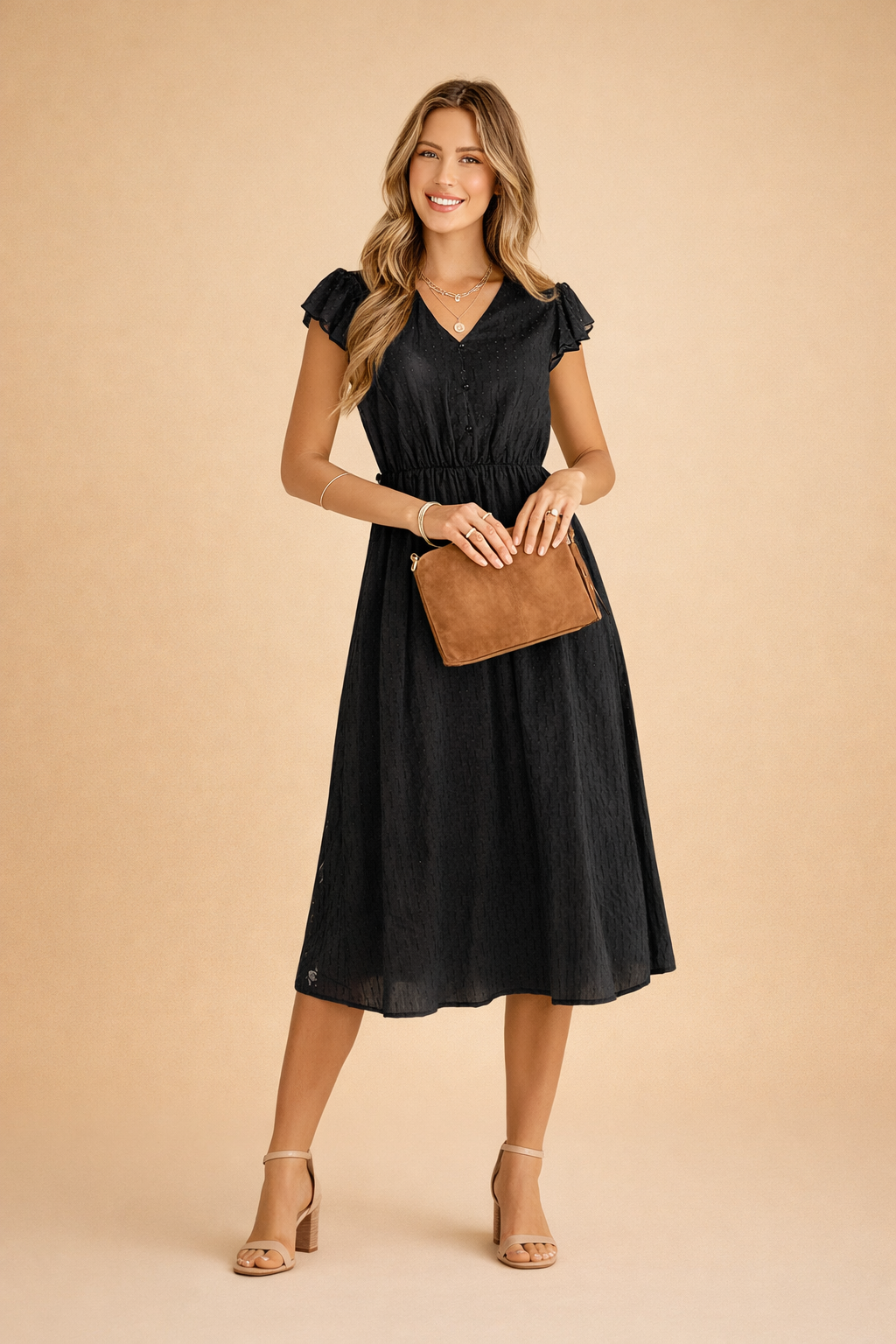 Elegantes Sommerkleid Damen Midi V-Ausschnitt Rüschen Ärmel Leicht und Luftig 2