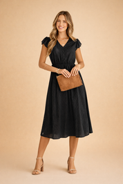 Elegantes Sommerkleid Damen Midi V-Ausschnitt Rüschen Ärmel Leicht und Luftig 2