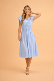 Elegantes Sommerkleid Damen Midi V-Ausschnitt Rüschen Ärmel Leicht und Luftig 3