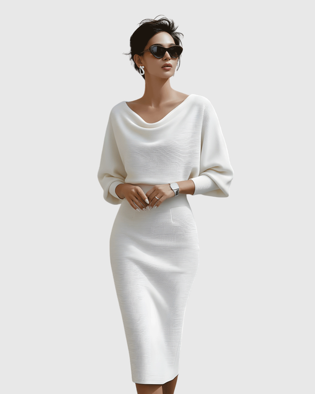 Elegantes drapiertes Midikleid mit Fledermausärmeln für Frauen 7