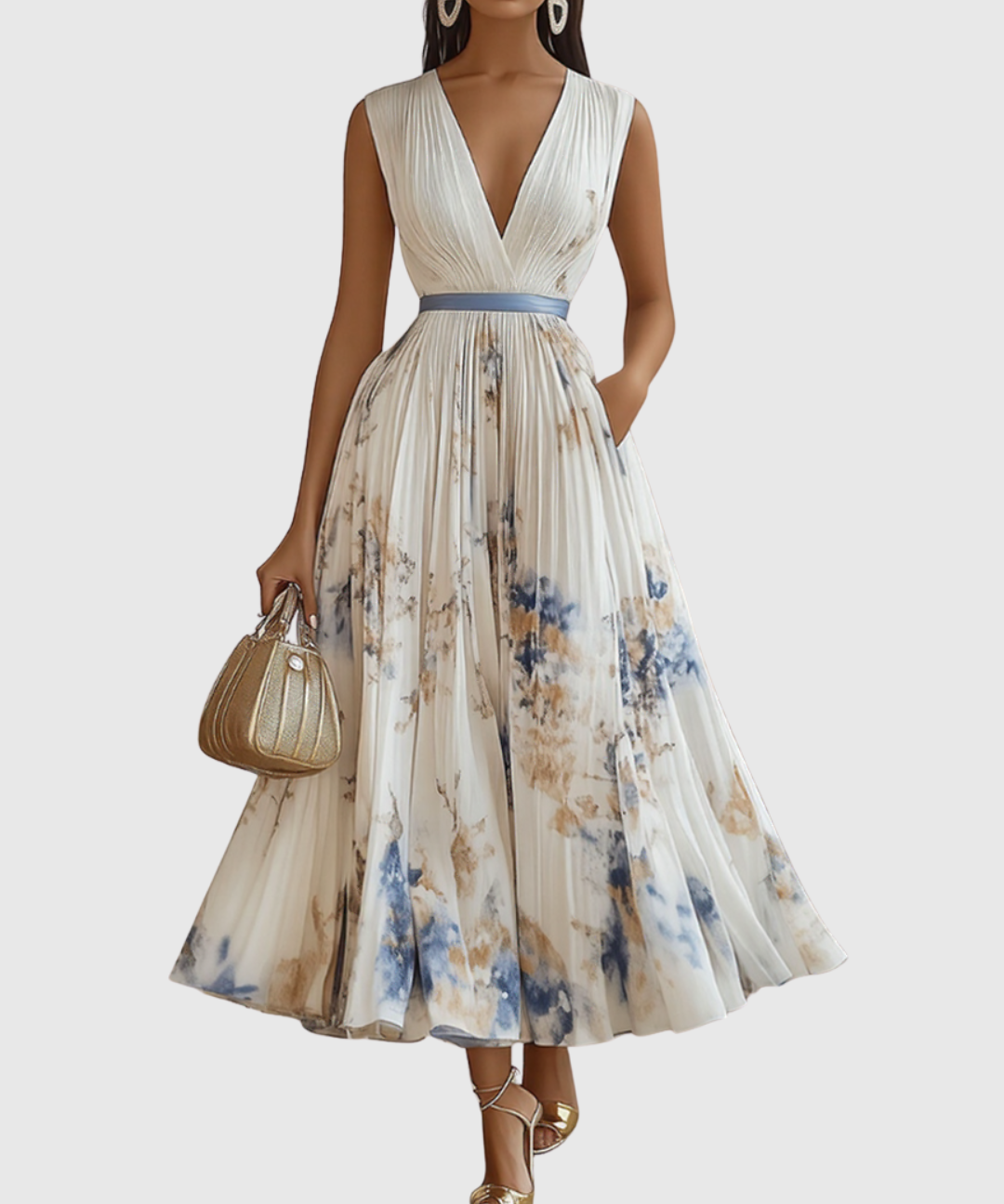 Elegantes plissiertes Maxikleid für Frauen – Sommerkleid mit V-Ausschnitt und langen Ärmeln 0
