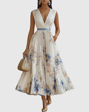 Elegantes plissiertes Maxikleid für Frauen – Sommerkleid mit V-Ausschnitt und langen Ärmeln 0