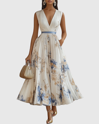 Elegantes plissiertes Maxikleid für Frauen – Sommerkleid mit V-Ausschnitt und langen Ärmeln - Weiß / S
