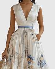 Elegantes plissiertes Maxikleid für Frauen – Sommerkleid mit V-Ausschnitt und langen Ärmeln 1