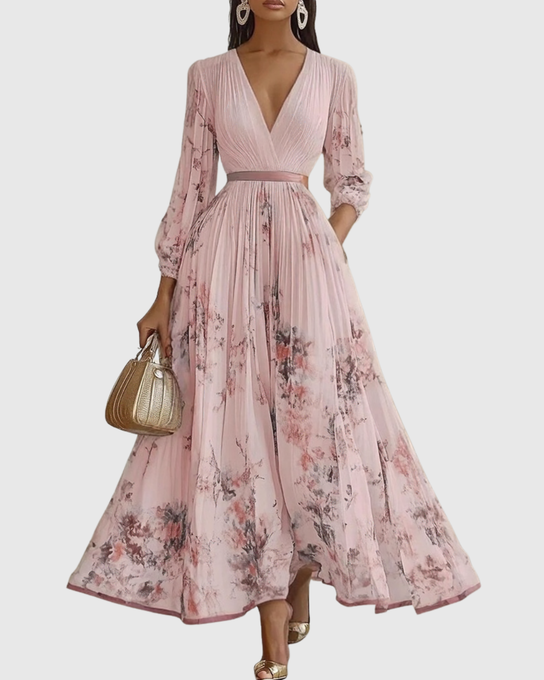 Elegantes plissiertes Maxikleid für Frauen – Sommerkleid mit V-Ausschnitt und langen Ärmeln 10