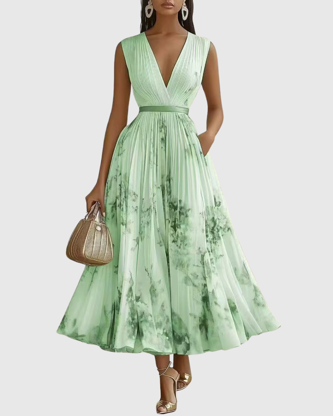 Elegantes plissiertes Maxikleid für Frauen – Sommerkleid mit V-Ausschnitt und langen Ärmeln 11
