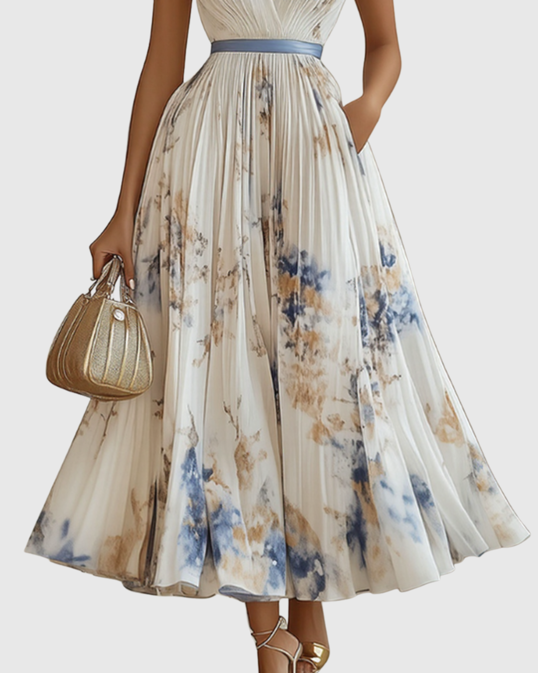 Elegantes plissiertes Maxikleid für Frauen – Sommerkleid mit V-Ausschnitt und langen Ärmeln 2