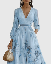 Elegantes plissiertes Maxikleid für Frauen – Sommerkleid mit V-Ausschnitt und langen Ärmeln 4