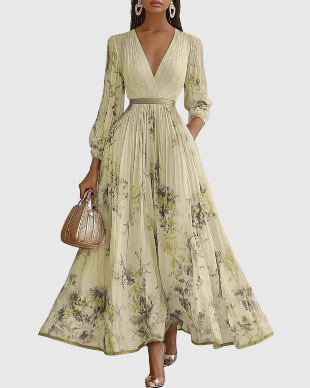 Elegantes plissiertes Maxikleid für Frauen – Sommerkleid mit V-Ausschnitt und langen Ärmeln 7