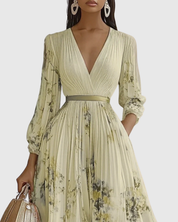 Elegantes plissiertes Maxikleid für Frauen – Sommerkleid mit V-Ausschnitt und langen Ärmeln 8