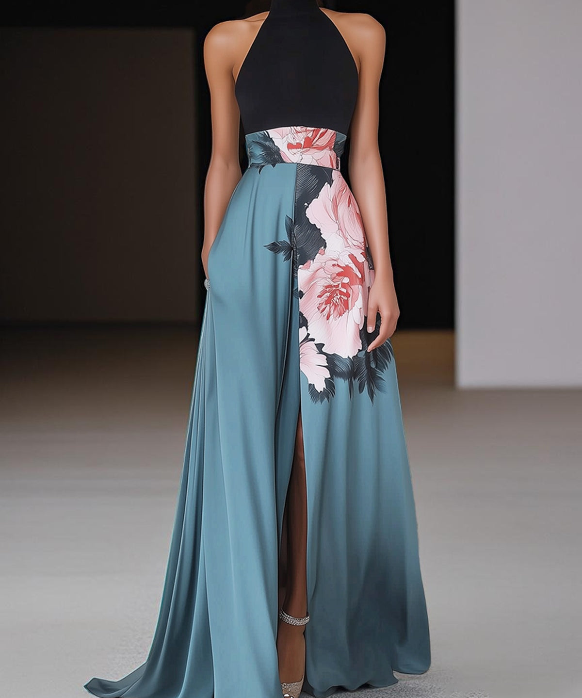 Elegantes schwarzes Maxikleid mit floralem Muster und Seitenschlitz für Frauen 0