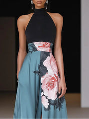 Elegantes schwarzes Maxikleid mit floralem Muster und Seitenschlitz für Frauen 1
