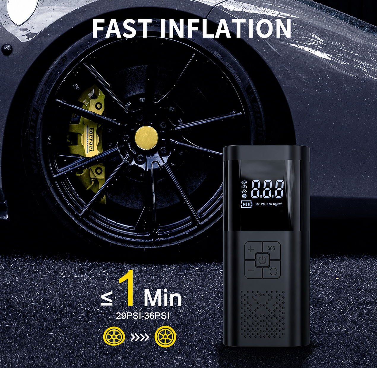 Bärbar luftkompressor med LCD-skärm och LED-ljus - 150 psi - Inflator för bilar, cyklar och sportutrustning