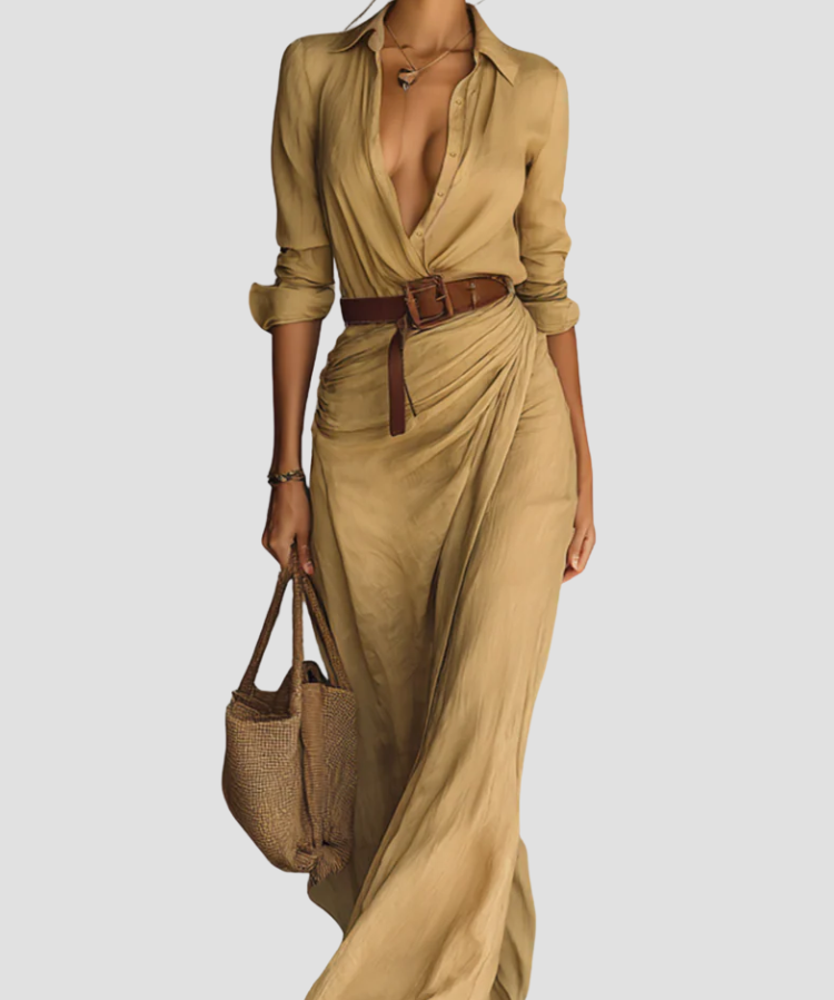 Festliche Kleider Damen - Elegantes Langes Hemdblusenkleid mit Gürtel für Tag und Abend, Ideal für Jeden Anlass 0