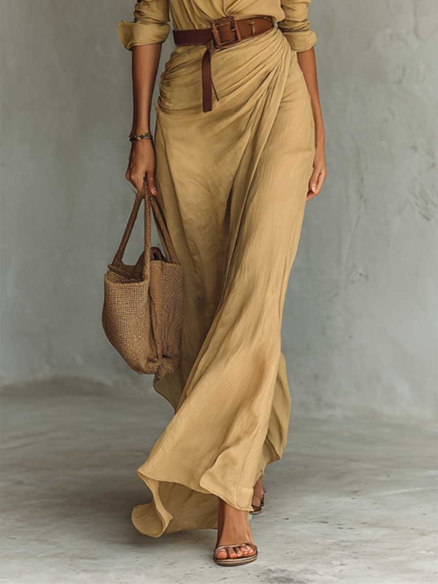 Festliche Kleider Damen - Elegantes Langes Hemdblusenkleid mit Gürtel für Tag und Abend, Ideal für Jeden Anlass 2