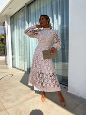 Festliches Kleid Damen für Hochzeitsgast – Elegantes Midikleid mit Definiertem Schnitt und Perforierten Details 1
