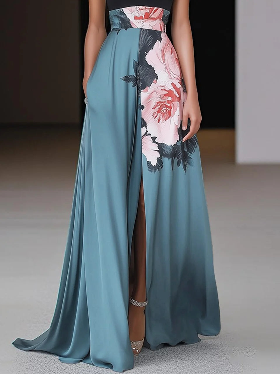 Florales Maxikleid mit Schlitz für Damen – Elegantes Sommer Kleid Lang im A-Linien-Design für Abendveranstaltungen 2
