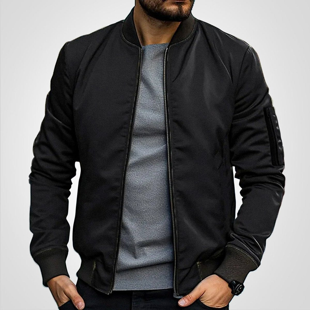 Herren Klassische Bomberjacke Übergangsjacke mit Rippbündchen und schlankem Schnitt 0