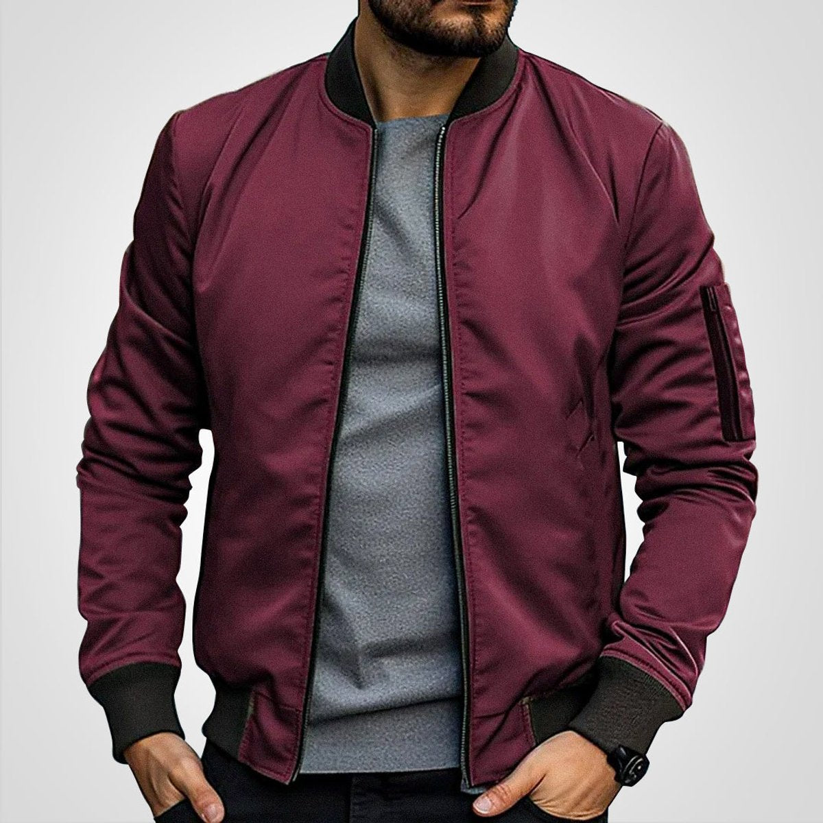 Herren Klassische Bomberjacke Übergangsjacke mit Rippbündchen und schlankem Schnitt 2