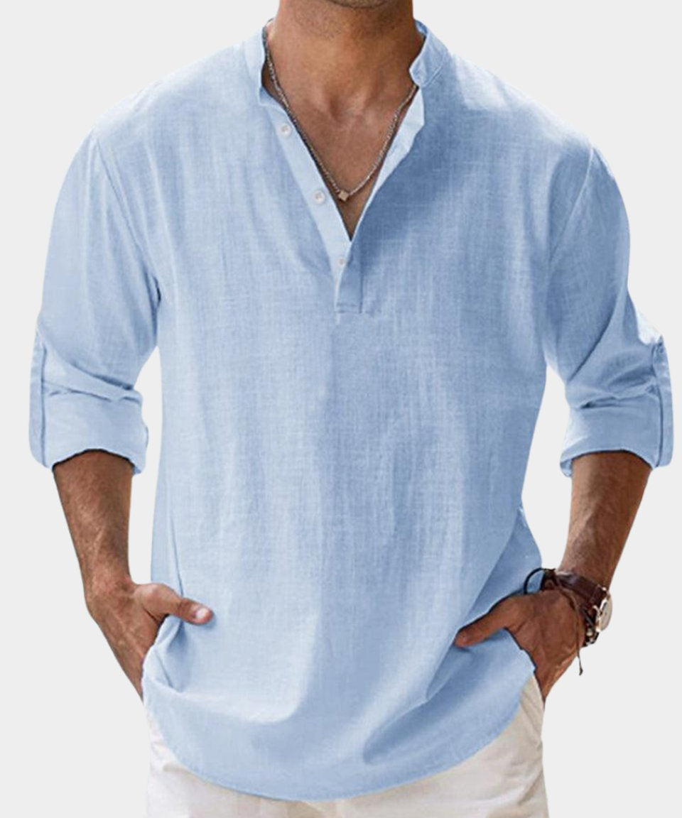 Herren Leinenhemd Langarm mit Henley-Kragen | Lässiges Freizeitshirt für Sommer 0